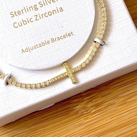 Brand New Sterling Silver Gold Tone Cross Rhinestone Adjustable Bracelet - Picture 6 of 8
